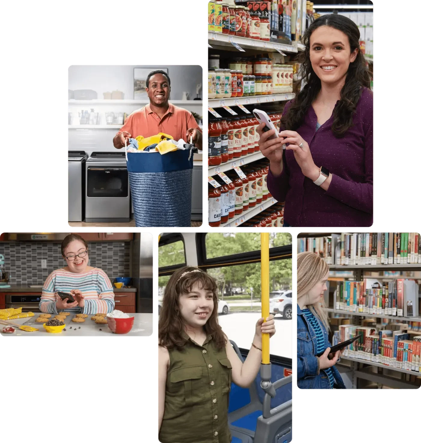 Collage with five photos of young adults with autism, down syndrome, neurodivergence, and neurotypical abilities smiling and using the MagnusCards app in different settings