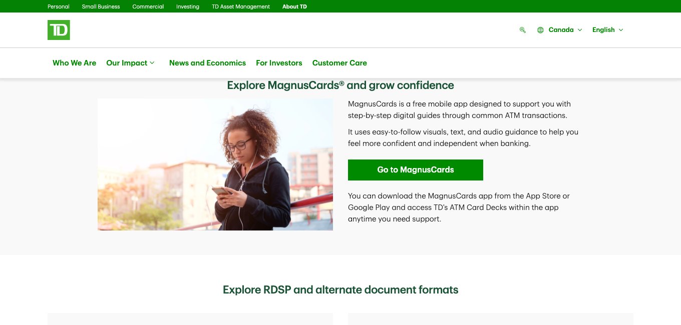 The Explore MagnusCards section of the TD accessibility page, beside a photograph of a woman using her phone.